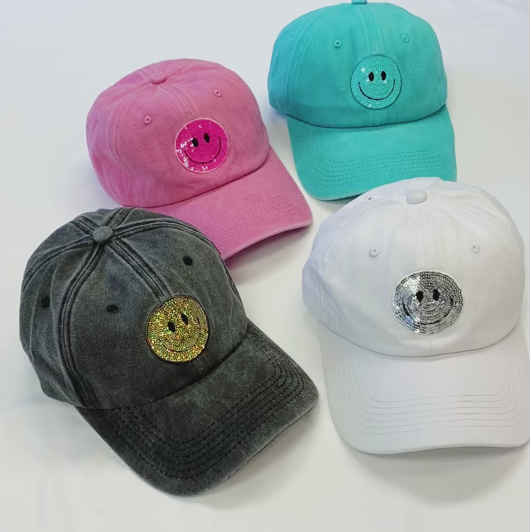 Sequin Smiley Face Baseball Cap (Washed Dad Hat | Multiple Colors)