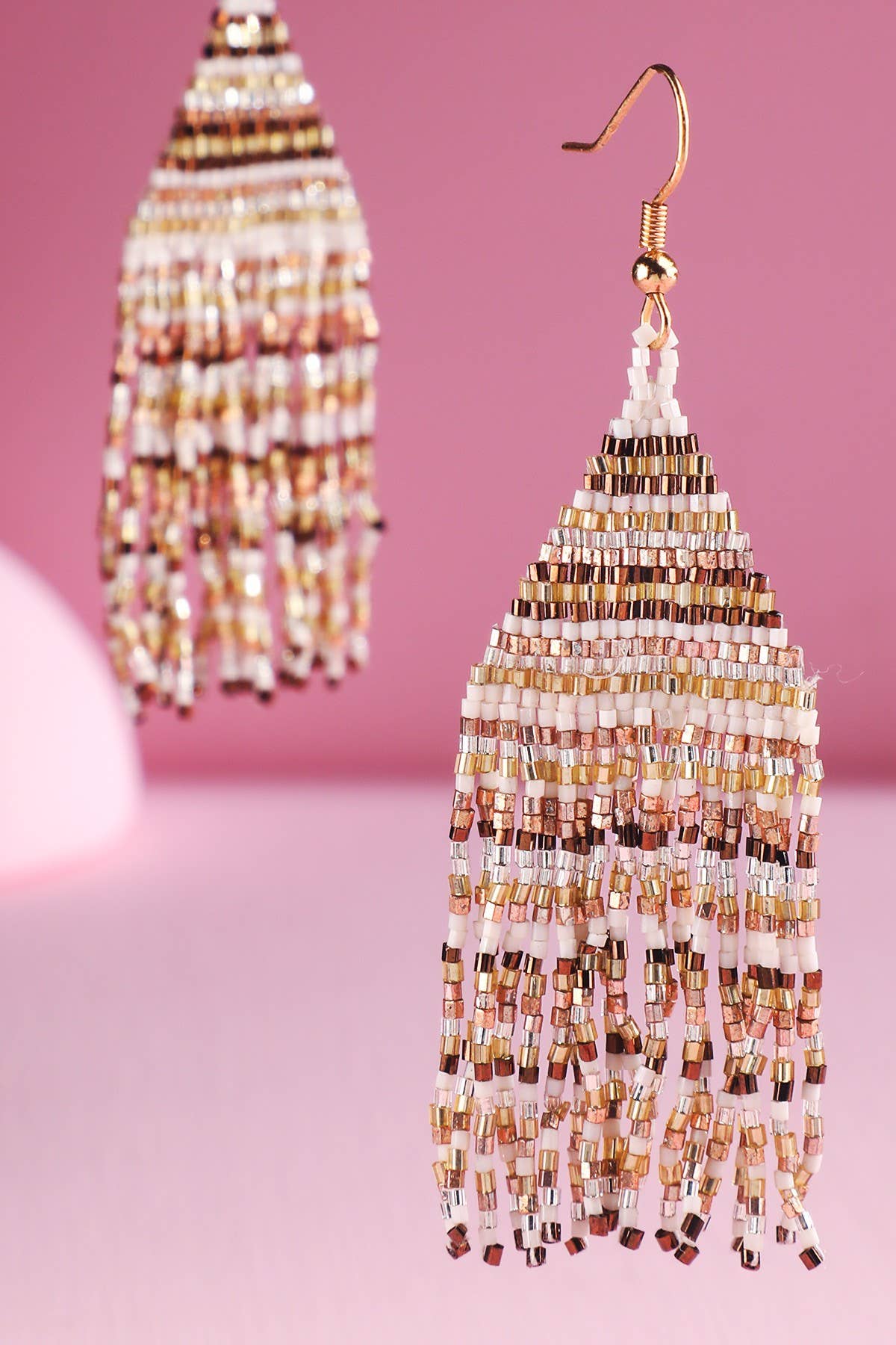 Beaded Fringe Statement Earrings (Black + White + Gold)