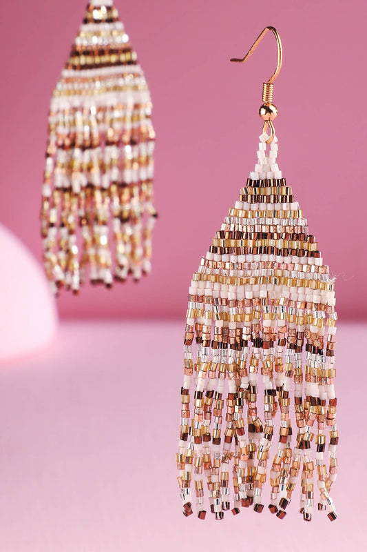 Beaded Fringe Statement Earrings (Black + White + Gold)