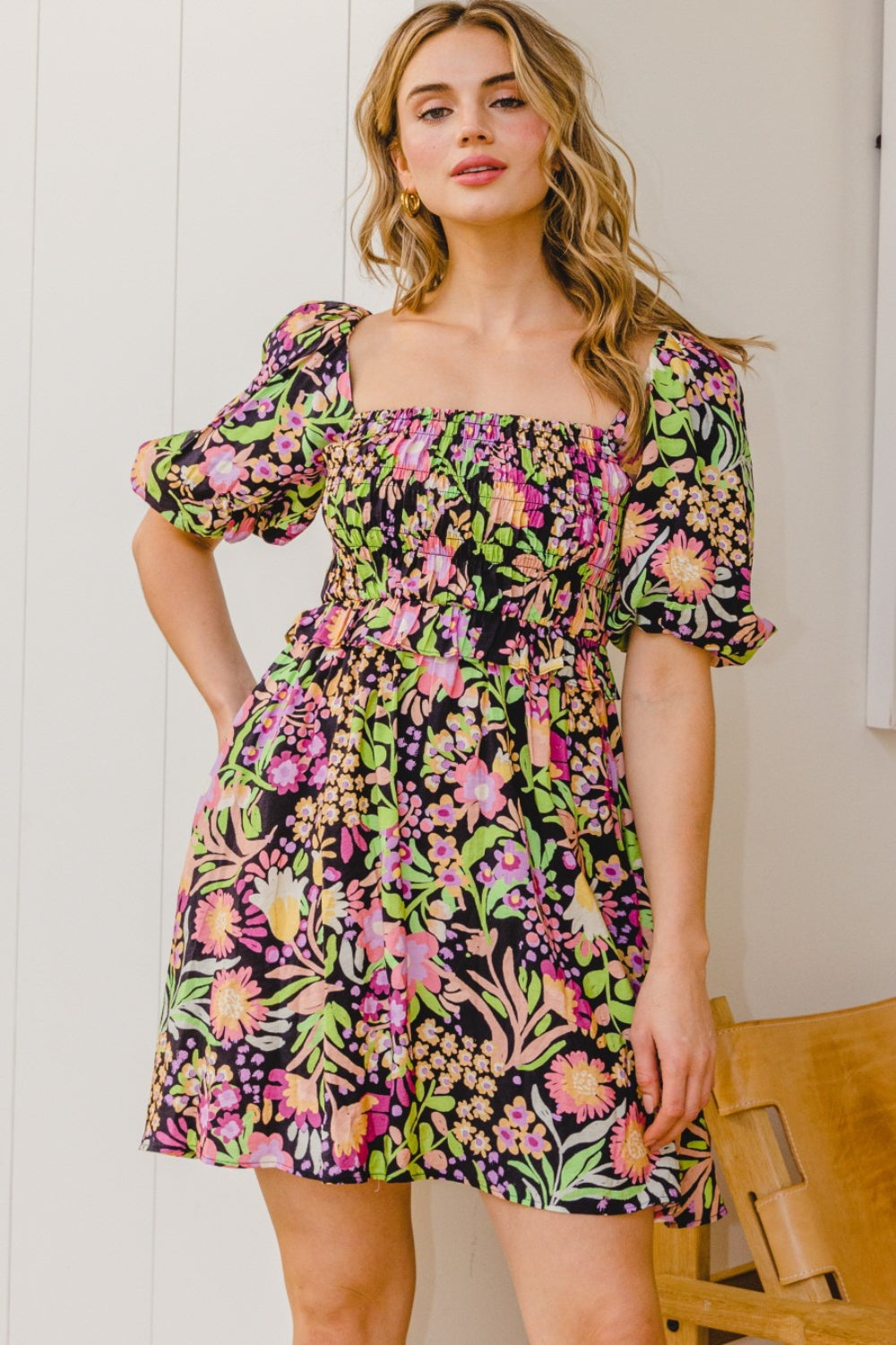 Floral Smocked Mini Dress – Vibrant and Travel-Ready