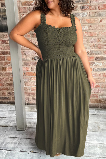 Olive Green Smocked Maxi Dress with Ruffle Straps – Perfect for Summer Vibes