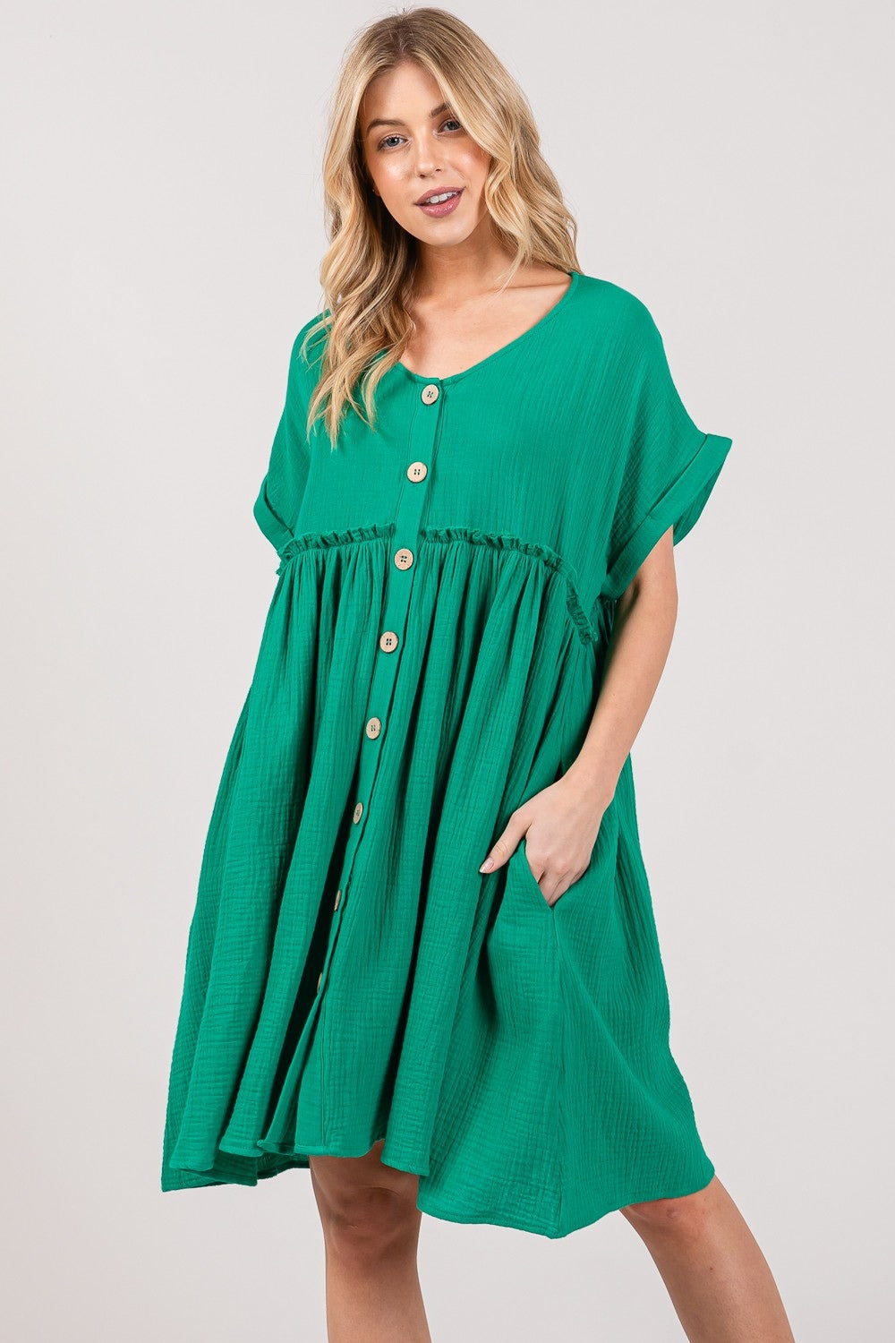 Breezy Button-Front Green Dress | Effortless Boho Chic