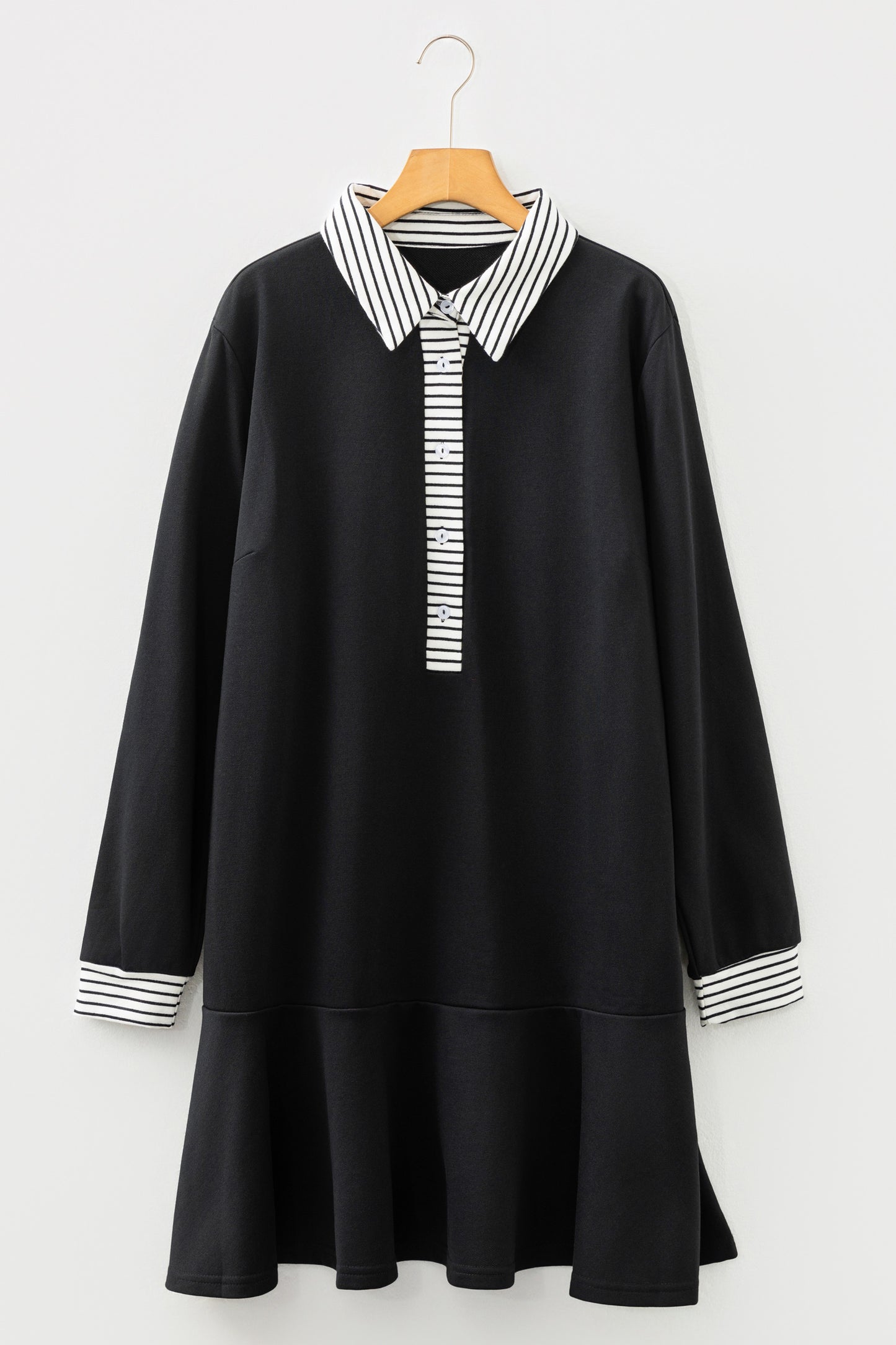 Black Long Sleeve Dress with Striped Collar – Casual Chic Collared Swing Dress