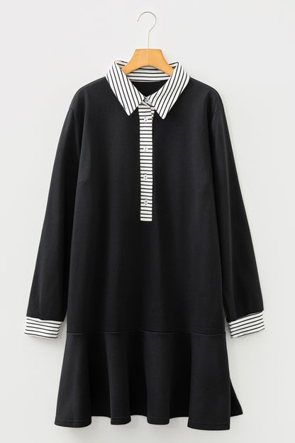 Black Long Sleeve Dress with Striped Collar – Casual Chic Collared Swing Dress