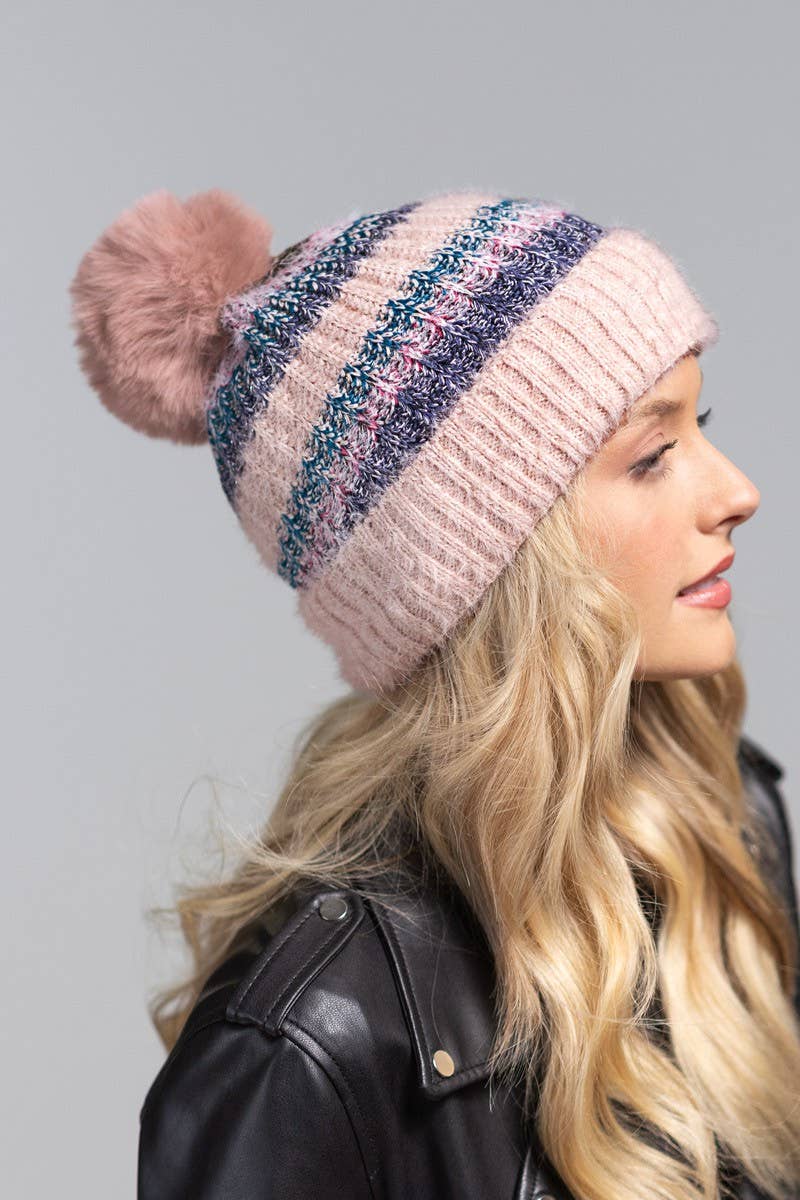 Striped Pom Beanie (Cozy Knit Winter Hat)