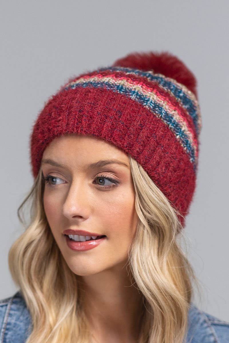 Striped Pom Beanie (Cozy Knit Winter Hat)