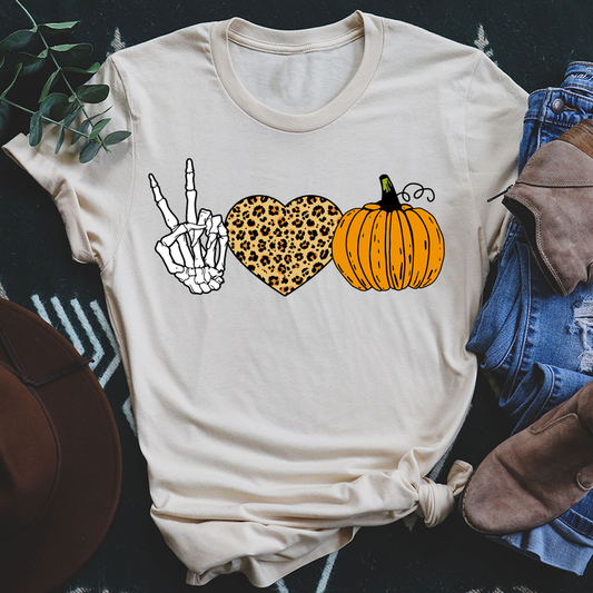 Peace Love Halloween Graphic Tee (Leopard Heart + Pumpkin Shirt)