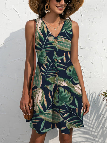 Tropical Button-Down Sleeveless Dress – Available in Navy and Air Force Blue