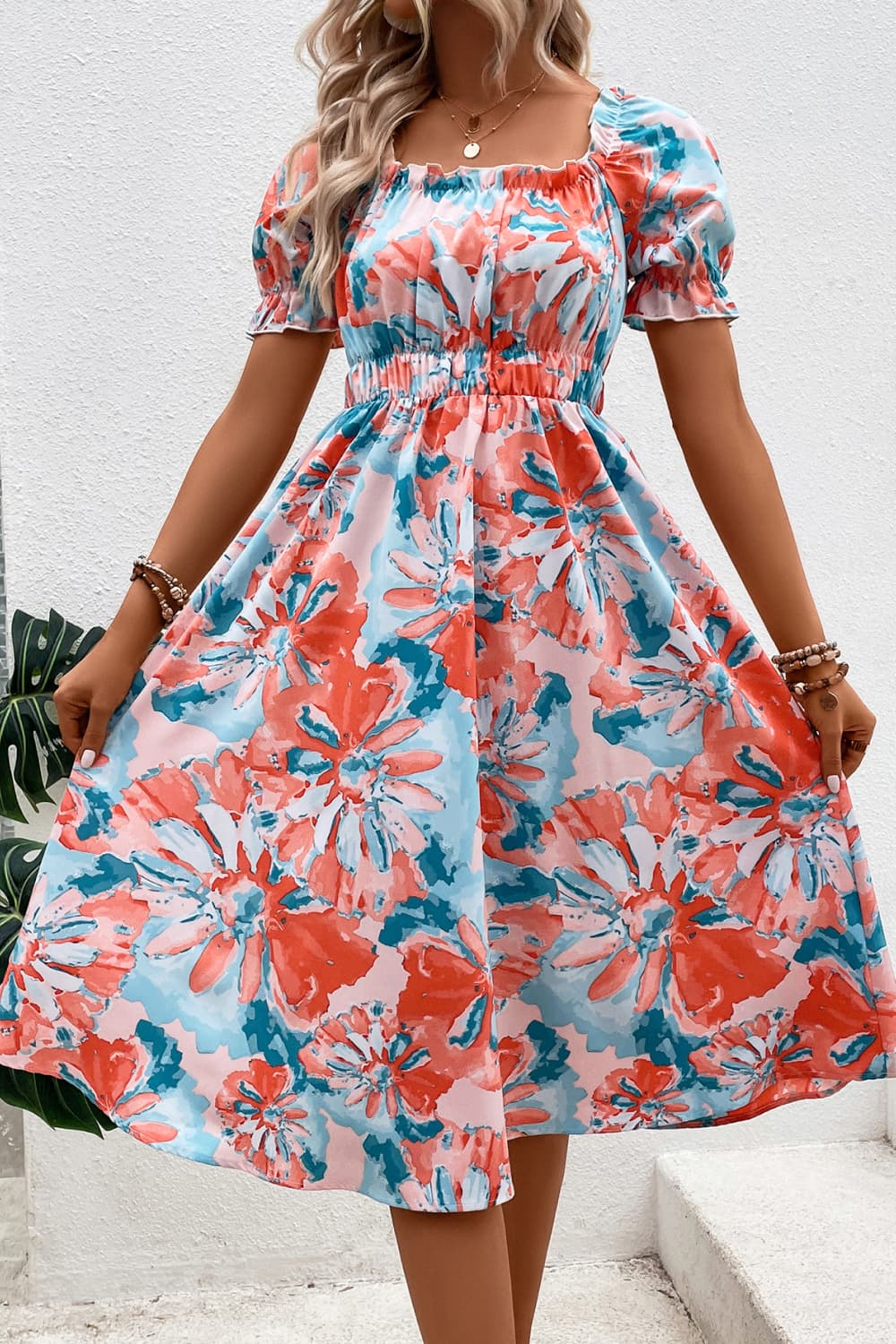 Floral Print Puff Sleeve Midi Dress