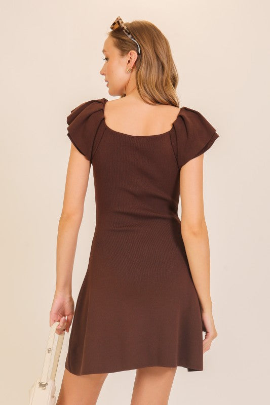 Ruffle Sleeve Ribbed Mini Dress (Square Neck Fit & Flare)