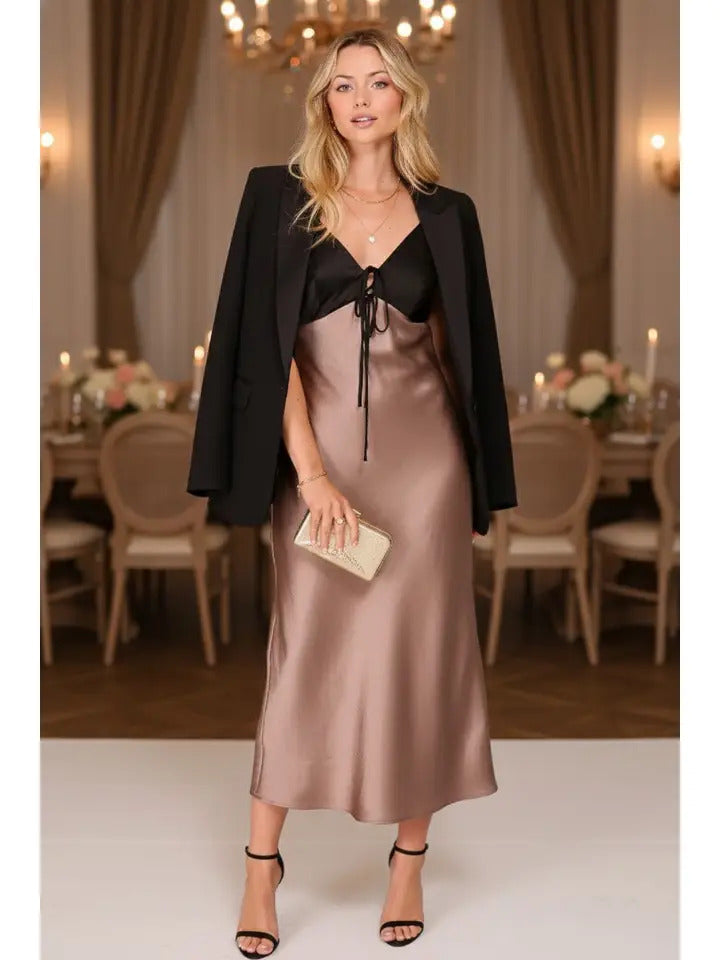 Smocked Satin Mini Dress (Mock Neck Balloon Sleeve)