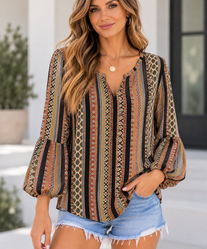 Umgee Rust & Olive Geometric Stripe Balloon Sleeve Blouse – Size M