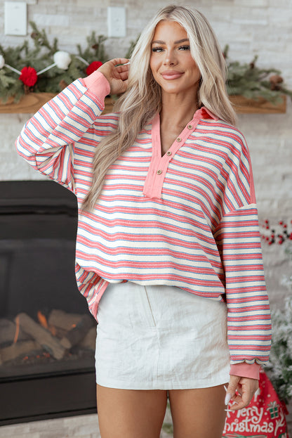 Pink Striped Henley Long Sleeve Top – Lightweight Casual Pullover