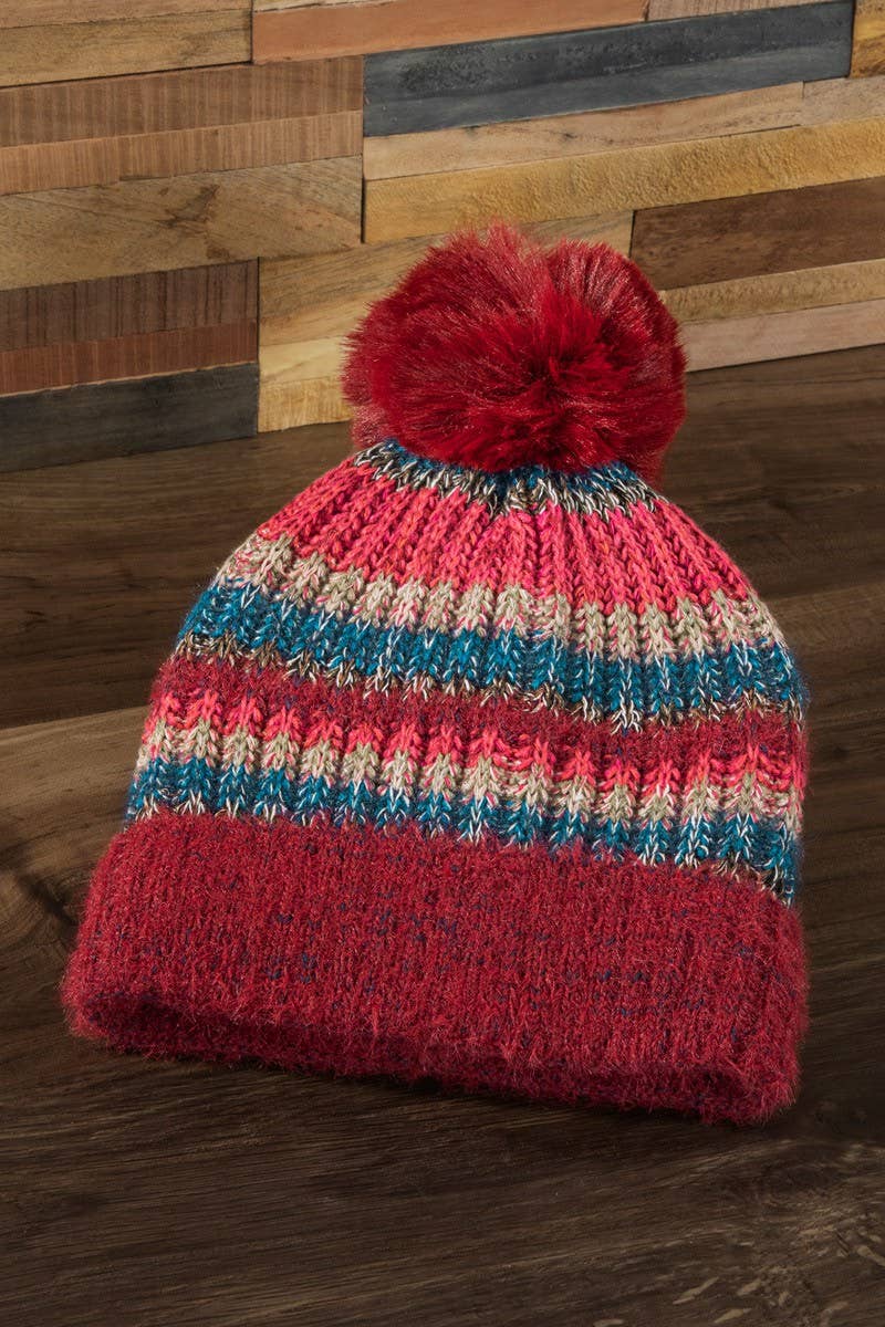 Striped Pom Beanie (Cozy Knit Winter Hat)