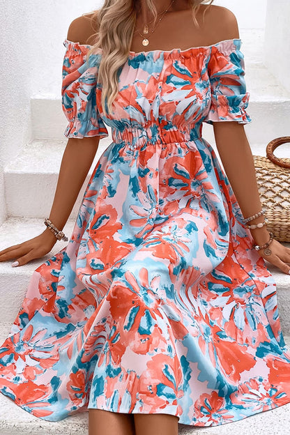 Floral Print Puff Sleeve Midi Dress