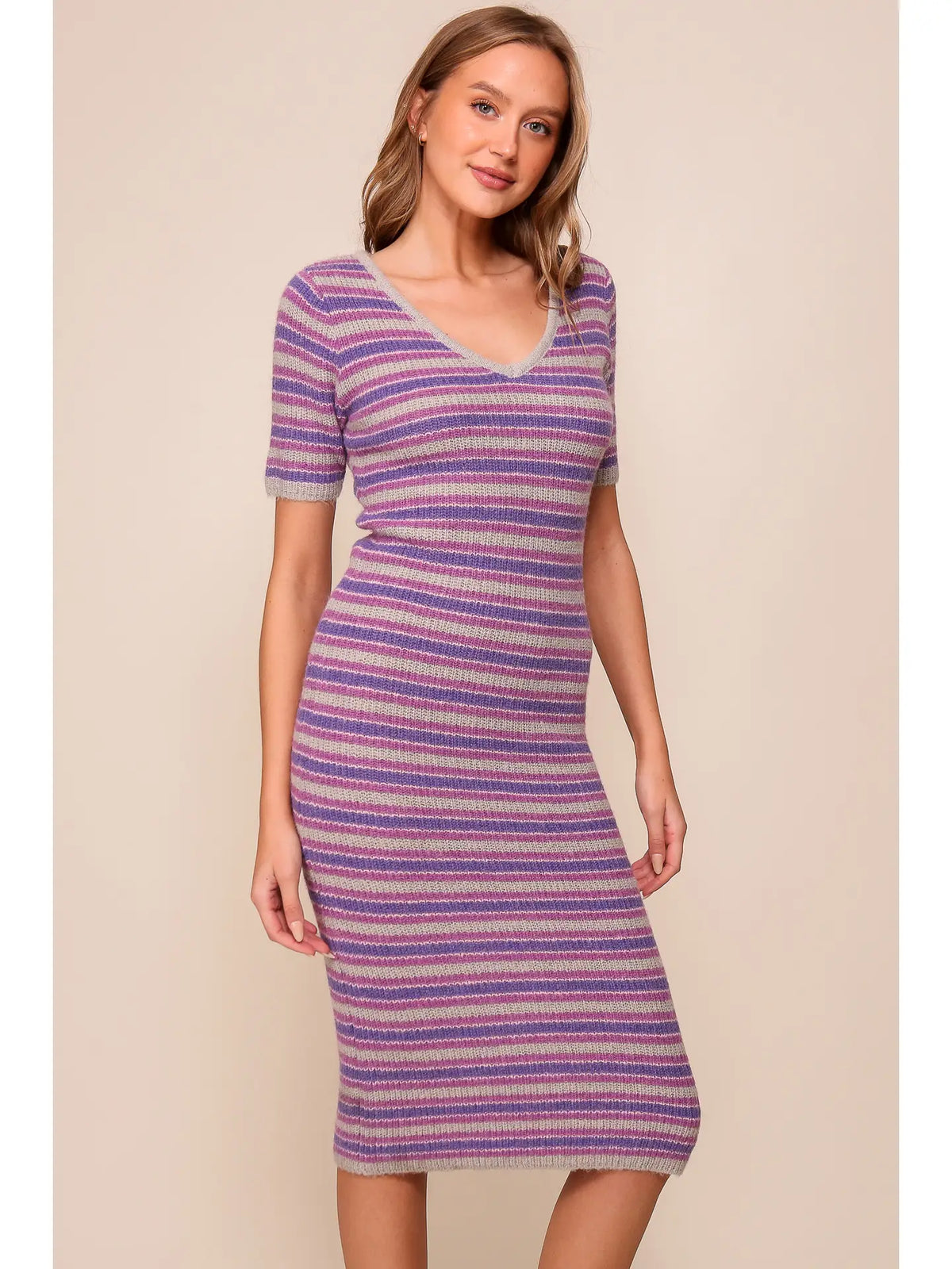 Lumiere Purple Striped Ribbed Knit Midi Dress