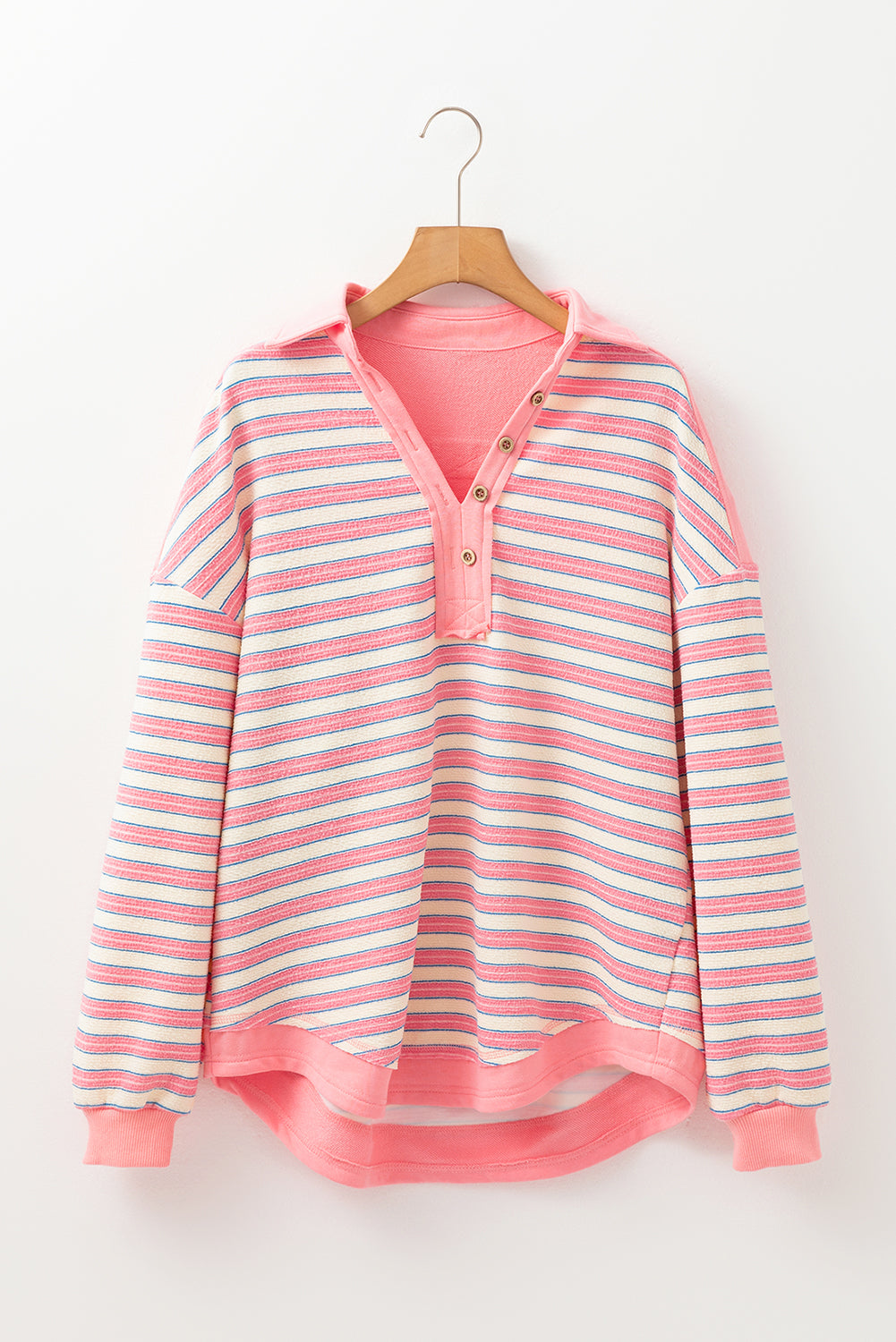Pink Striped Henley Long Sleeve Top – Lightweight Casual Pullover