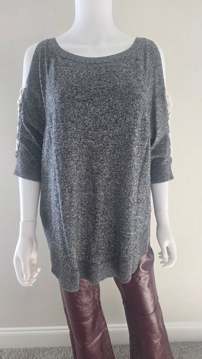 Express Gray Marled Cold Shoulder Lace-Up Sweater – Size L