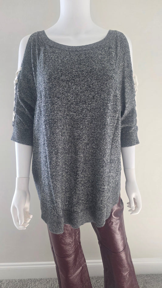 Express Gray Marled Cold Shoulder Lace-Up Sweater – Size L