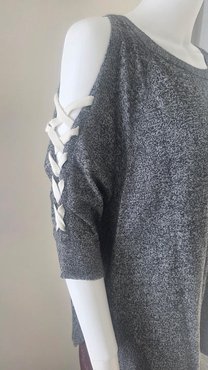 Express Gray Marled Cold Shoulder Lace-Up Sweater – Size L