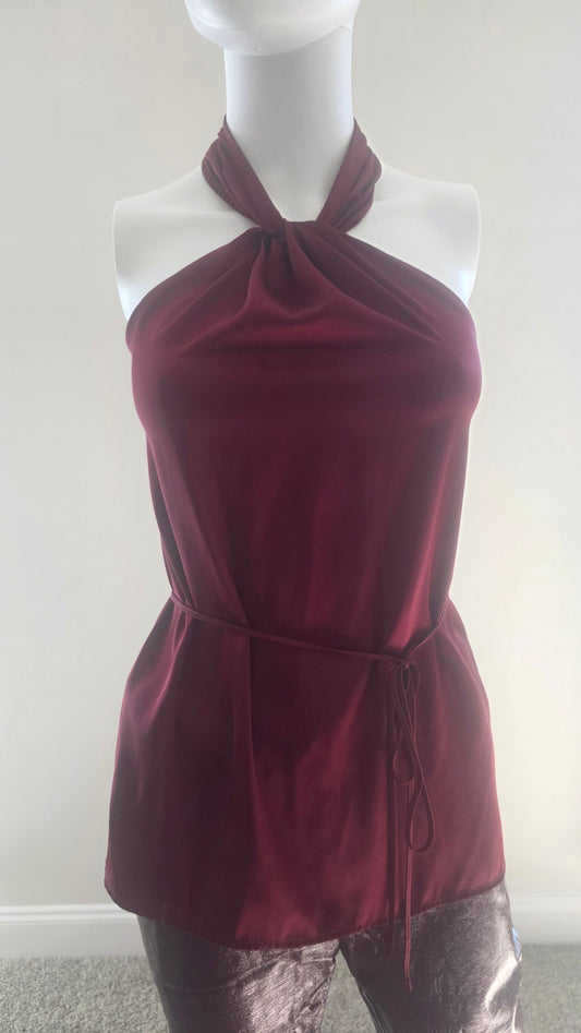 Express Burgundy Satin Halter Neck Tie-Waist Top – Size XL