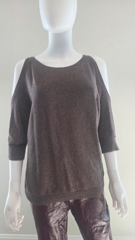 Express Chocolate Brown Sparkle Cold Shoulder Top – Size L