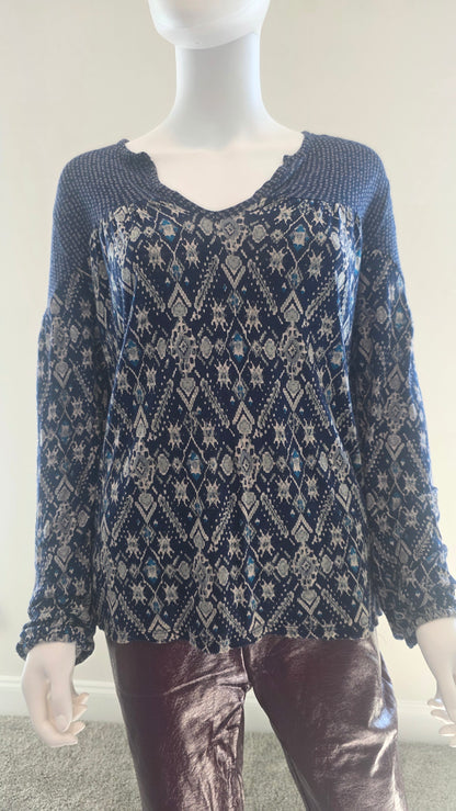 Lucky Brand Navy Geometric Print Boho Blouse – Size L