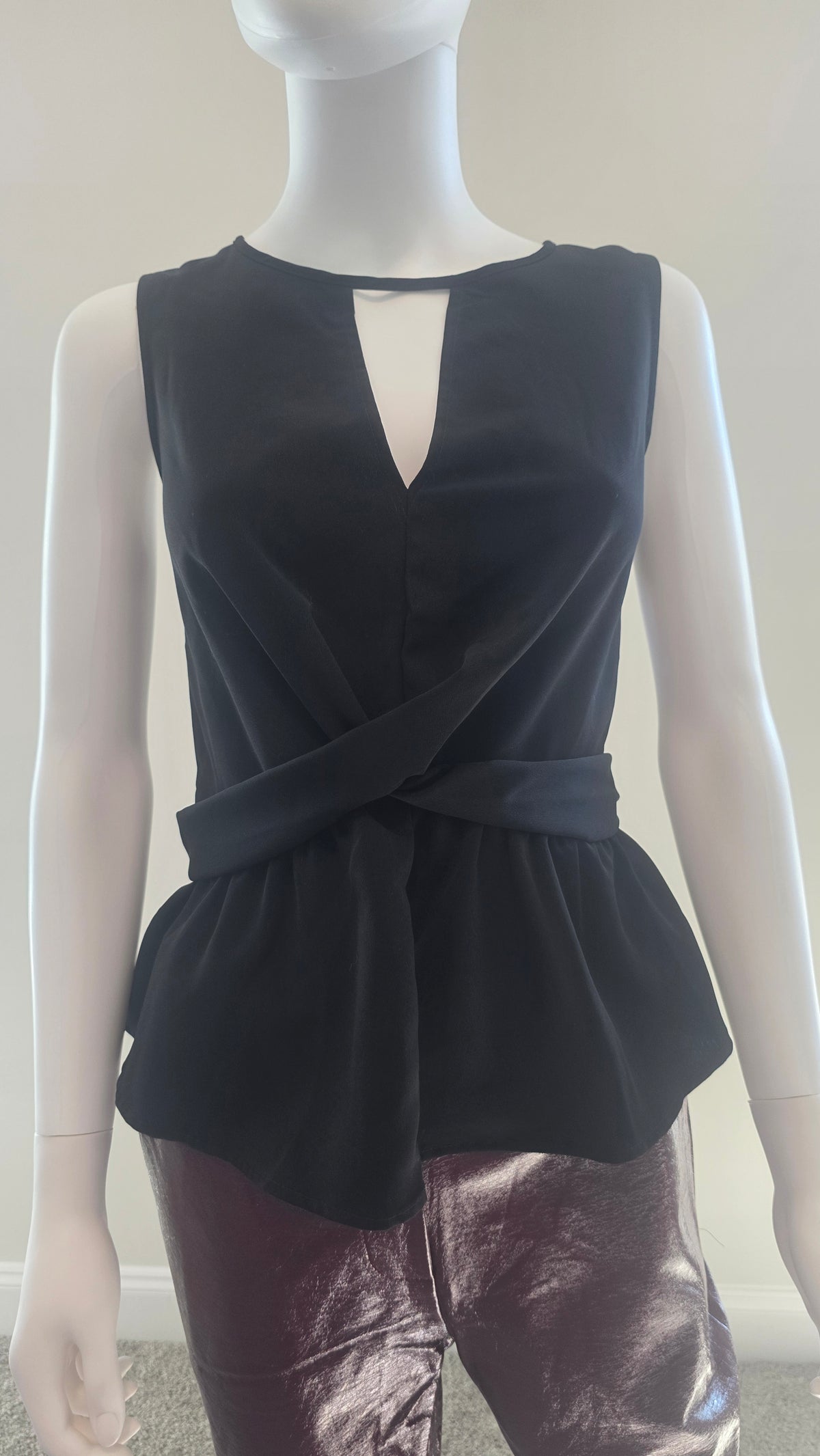 Express Black Lace-Back Wrap Peplum Top – Size L NWT