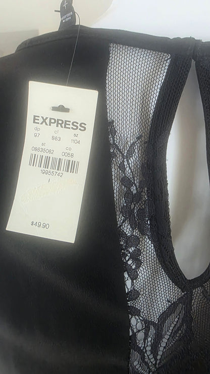 Express Black Lace-Back Wrap Peplum Top – Size L NWT