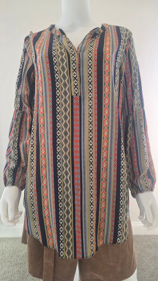 Umgee Boho Geometric Print Long Sleeve Blouse – Size M