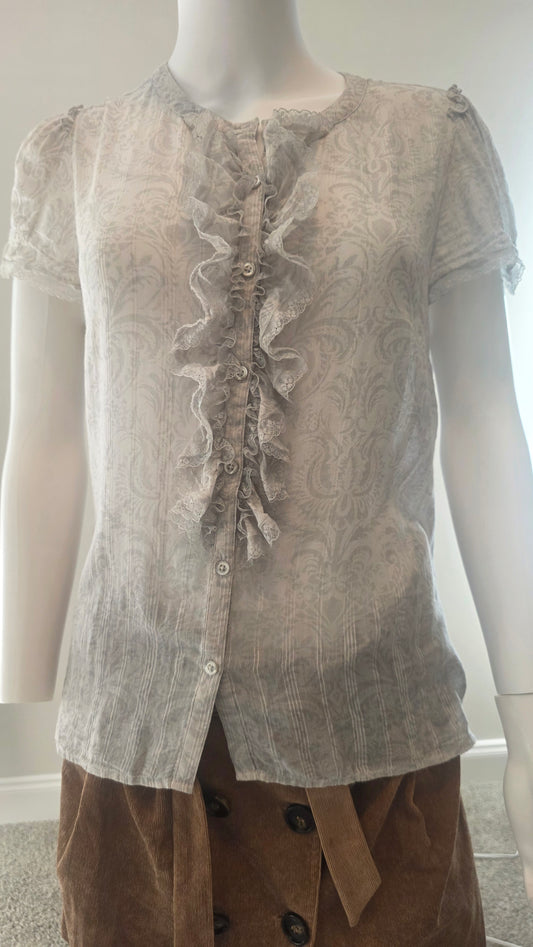 LOFT Petites Light Gray Paisley Lace-Ruffle Button-Front Blouse – Size 12P