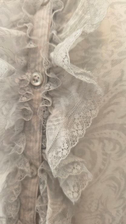 LOFT Petites Light Gray Paisley Lace-Ruffle Button-Front Blouse – Size 12P