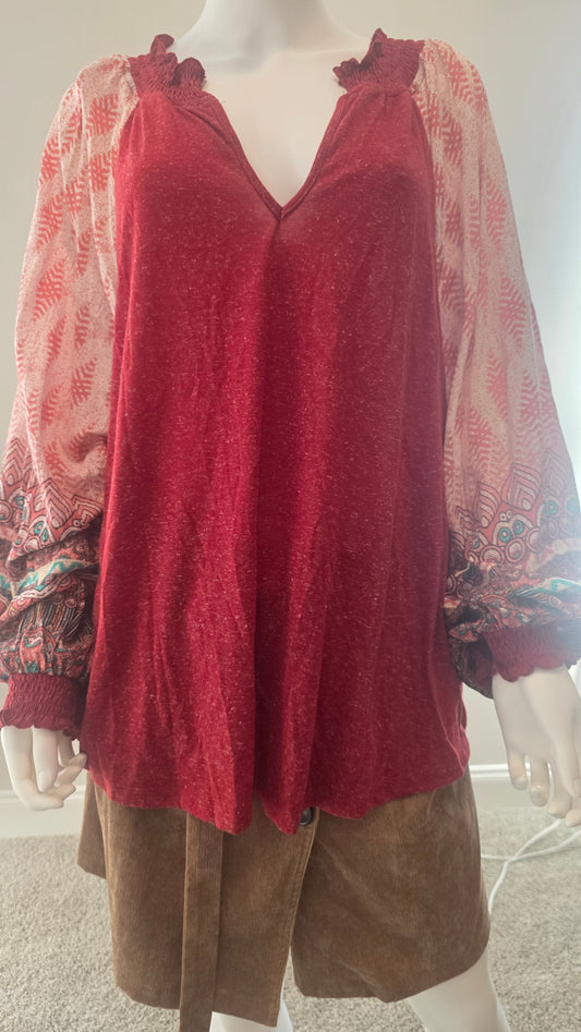 Umgee Burgundy Boho Top with Printed Statement Sleeves – Size L