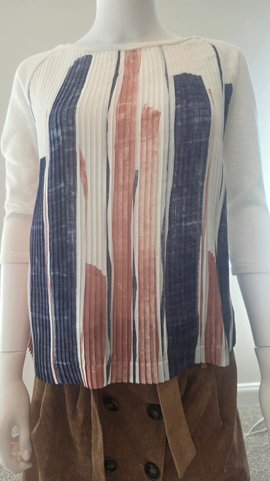 One September Cream Knit Top with Pleated Multicolor Stripes – Size XS