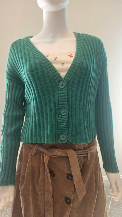 American Eagle Green Ribbed Button-Front Cardigan Sweater – Size S