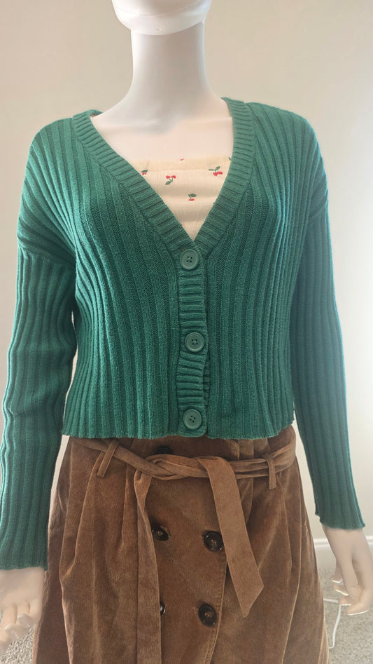 American Eagle Green Ribbed Button-Front Cardigan Sweater – Size S