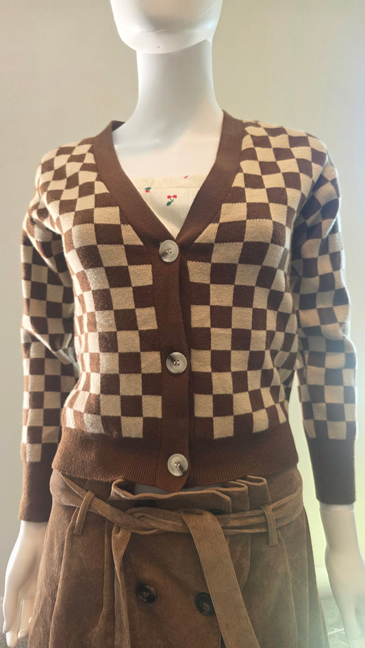 Willow & Wind Brown & Cream Checkerboard Button-Front Cardigan – Size S