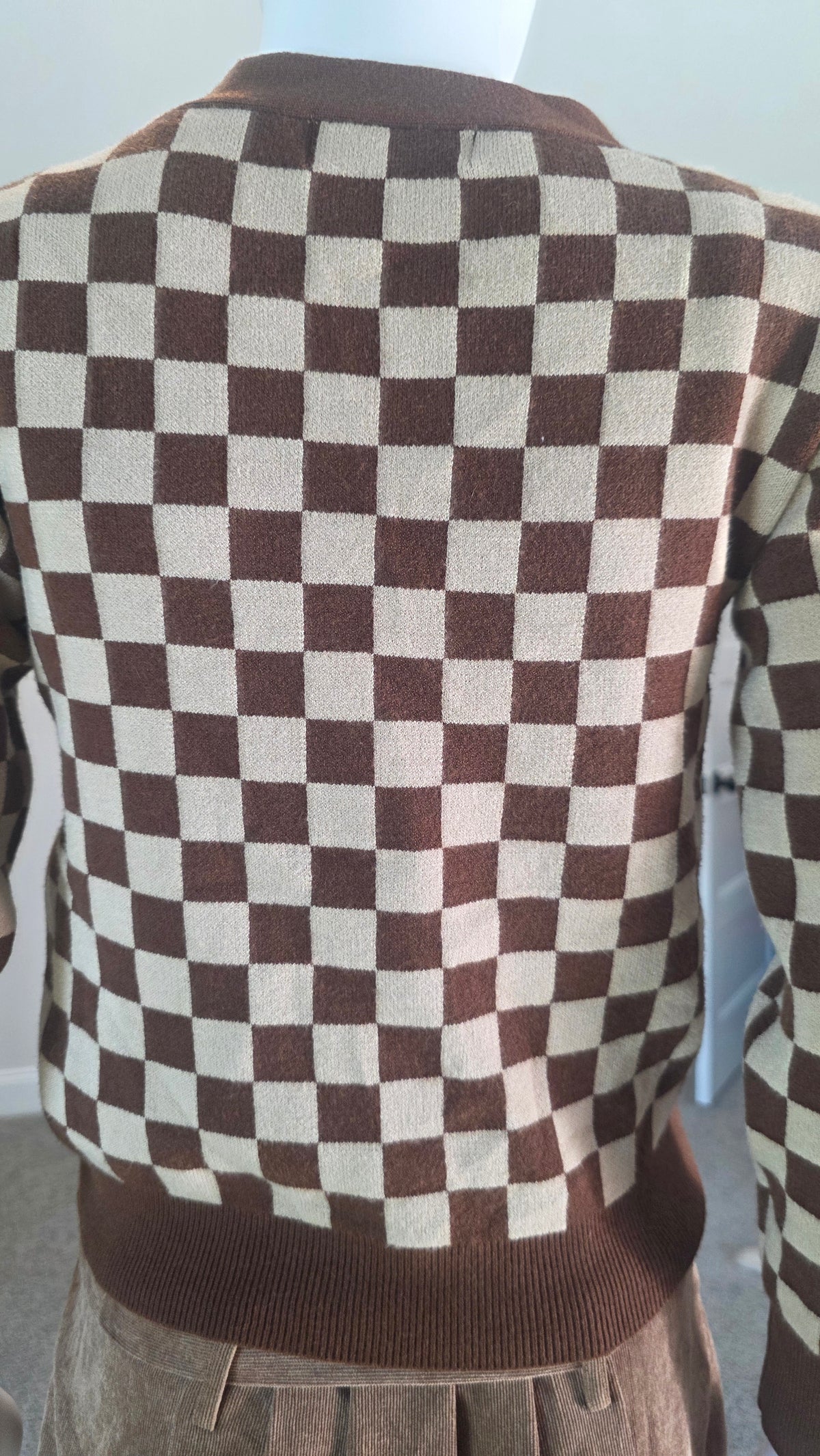 Willow & Wind Brown & Cream Checkerboard Button-Front Cardigan – Size S