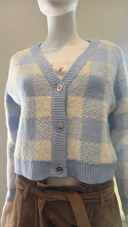 Willow & Wind Blue & Cream Plaid Fuzzy Cardigan – Size M