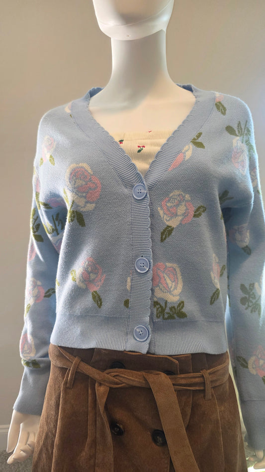 Willow & Wind Blue Floral Button-Front Cardigan – Size S