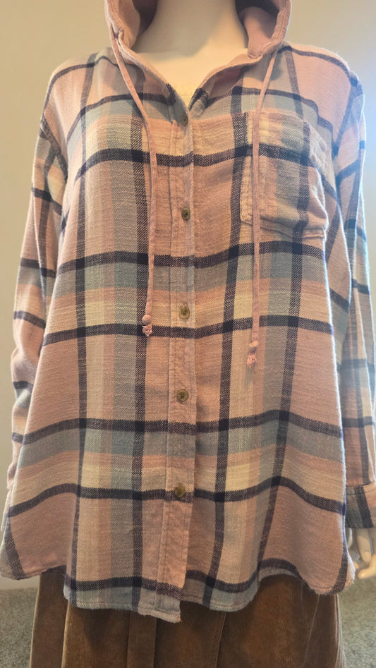 American Eagle Pink Plaid Hooded Flannel Shirt – Size L