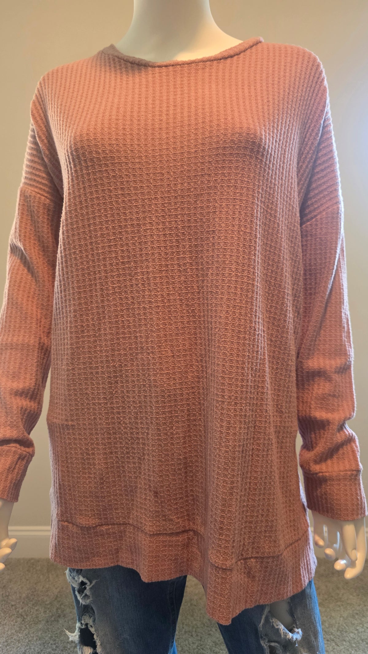 Zenana Dusty Rose Waffle Knit Long Sleeve Top – Size L