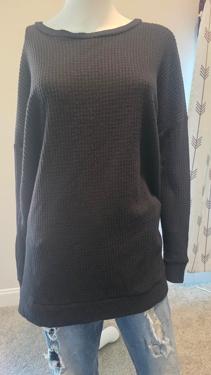 Zenana Black Waffle Knit Long Sleeve Top – Size L