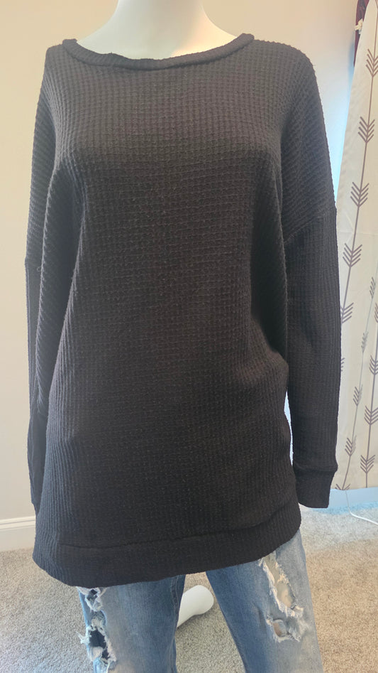 Zenana Black Waffle Knit Long Sleeve Top – Size L