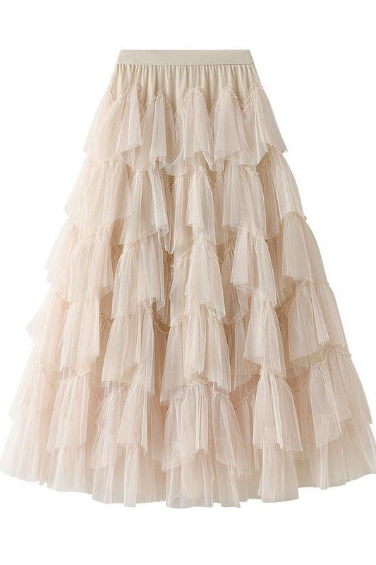 Tiered Tulle Maxi Skirt (Ruffle Layers | Cream/Light Brown/Purple)