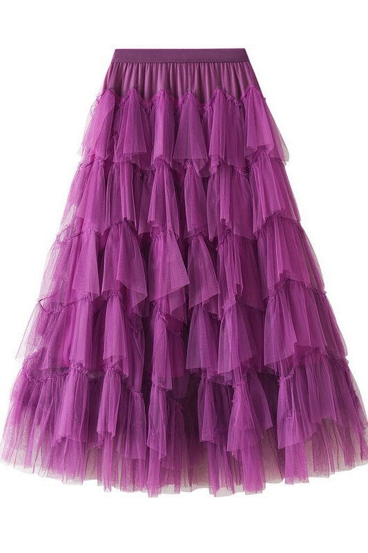Tiered Tulle Maxi Skirt (Ruffle Layers | Cream/Light Brown/Purple)