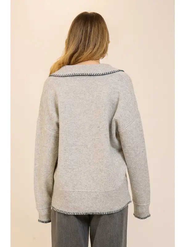 Contrast Trim Collared Sweater (Relaxed Knit Pullover | Gray)