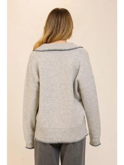 Contrast Trim Collared Sweater (Relaxed Knit Pullover | Gray)