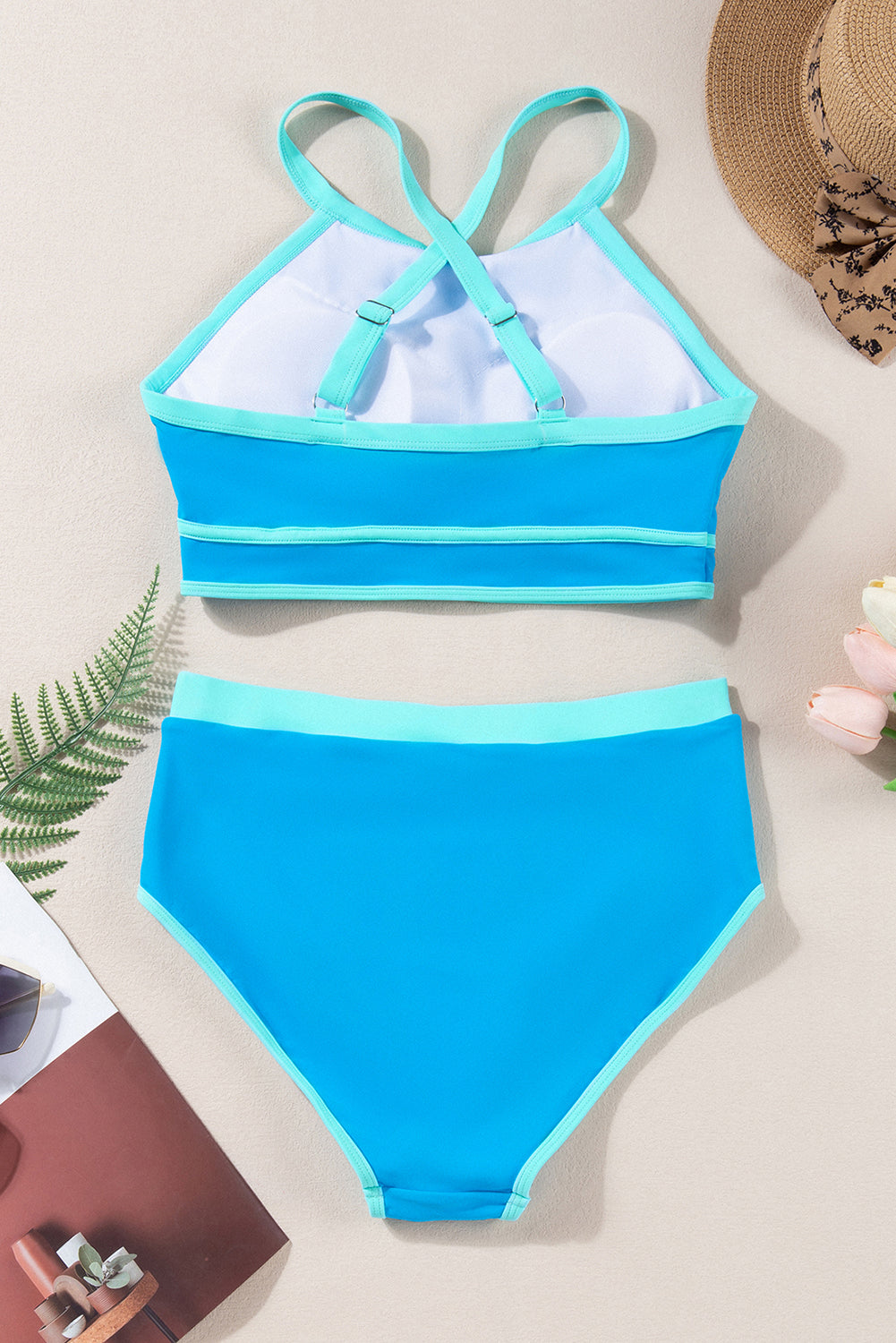 Blue High-Neck Sporty Bikini Set – Vibrant and Supportive Swimwear