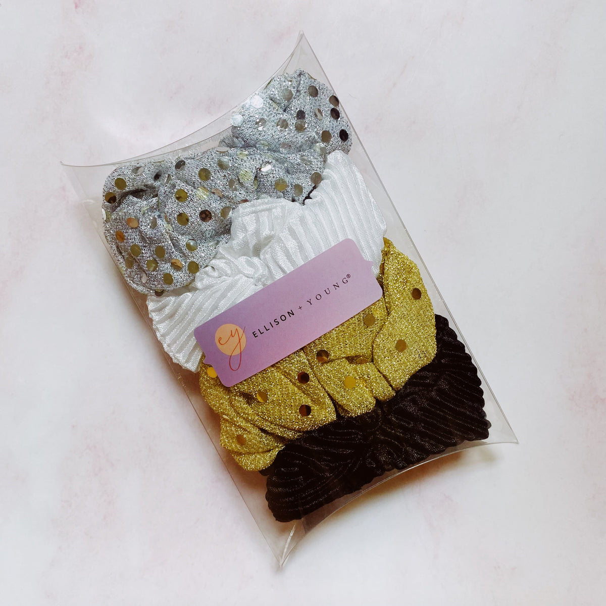 Glitter Scrunchie Set (4-Pack | Gold, Silver, Black & White)